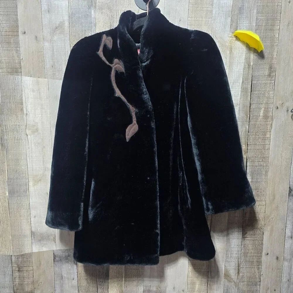Sasson Vintage Black Plush Faux Fur Union Made Overcoat 6 Retro Luxe Old Money